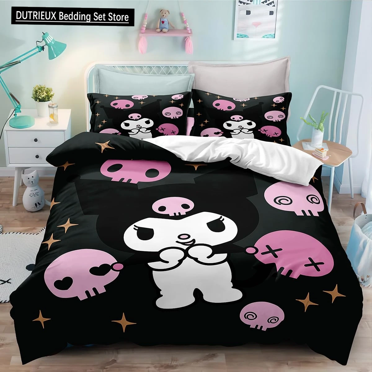 

Sanrio Kuromi Cartoon Anime Bedding Set Cinnamoroll Quilt Duvet Cover Pillowcase Kids Bed Comfortable Bed Set Twin King