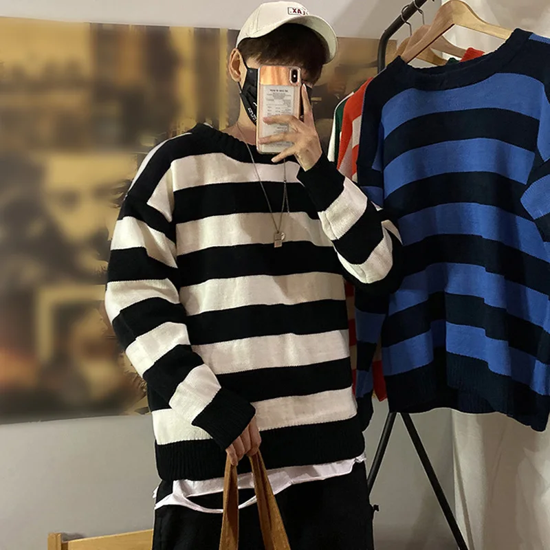 Stripe Knitted Sweater Men Autumn Winter Baggy Long Sleeves Tops Fashion All-Match Trend Streetwear Ins Vintage Y2K Male Clothes