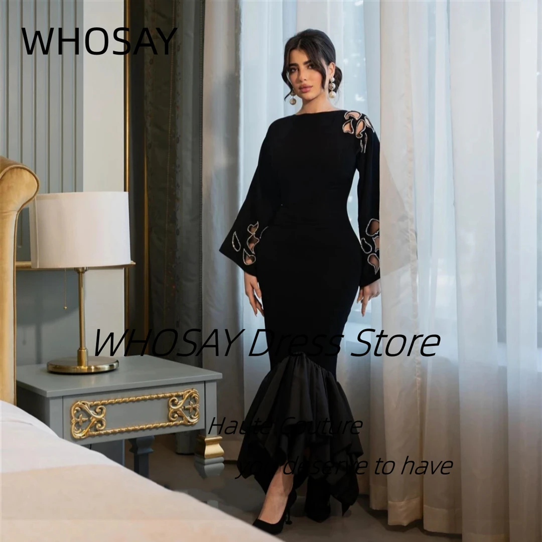 WHOSAY Black Prom Dresses Customized Beading Keyholes Saudi Arabia Women Wear Evening Gowns Lace Up Back Cocktail Party Dress