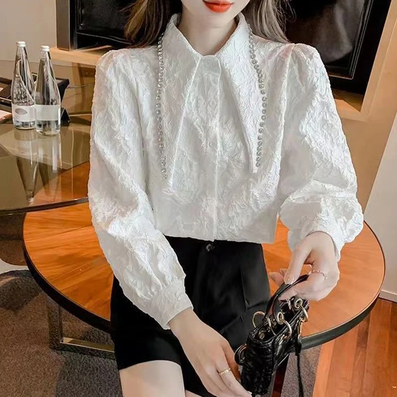 Women Trendy Rhinestone Pointed Collar Designer Shirts Spring Autumn Elegant Black White Blouses Textured Chic Long Sleeve Tops