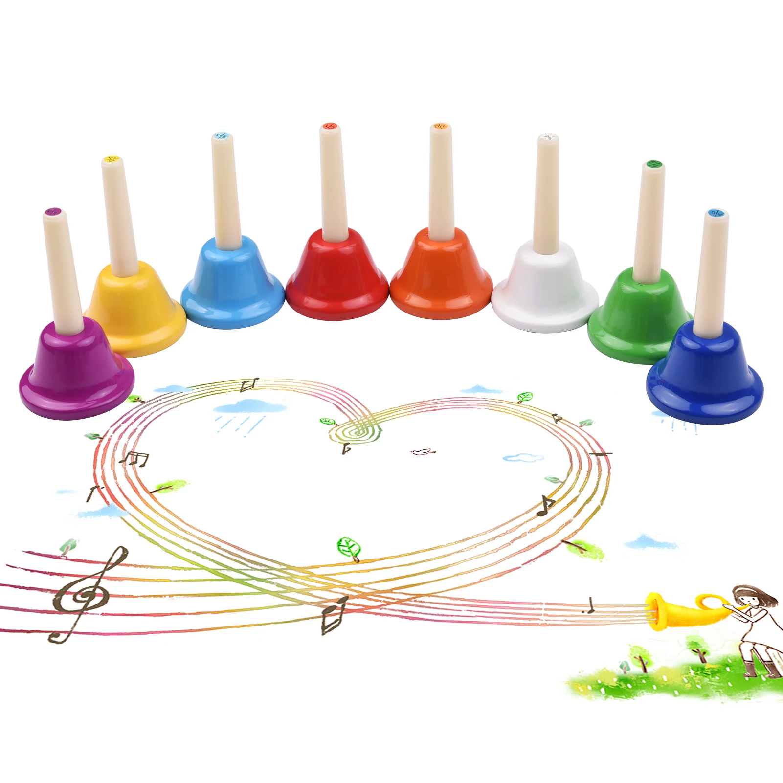 Colorful Handbell 8 Note Diatonic Metal Hand Bells Set Tinkle Bells Percussion Instrument Colorful Handbell