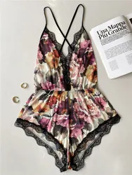 Camisón de encaje con estampado Floral para Mujer, entrecruzado en la espalda, camisola suave, Pelele de salón, monos elegantes, camisón de vacaciones