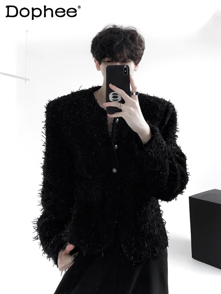 

2024 Autumn Winter New Male Jackets High-end Tweed Small Fragrant Coats Long Sleeve Solid Color Thickened Short Shoulder Jacket