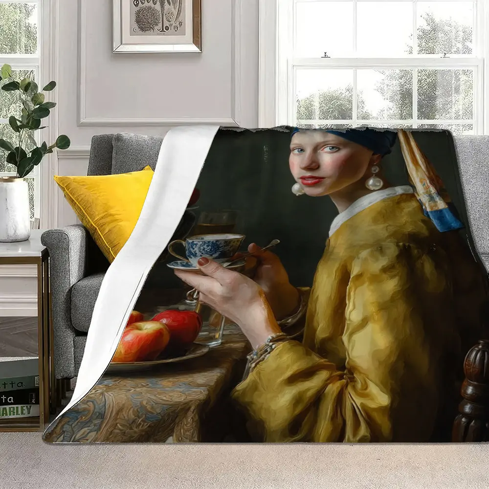 girl wearing a pearl earring Flannel printed blanket suitable for all seasons suitable for living room office sofa and travel