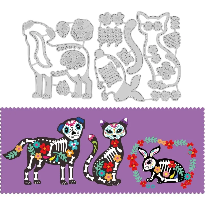 2 Stück Tag der Toten Stanzformen Katze Hund Kaninchen Stanzungen Prägevorlage Blumen Muster Kohlenstoffstahl Stanzset für Karte