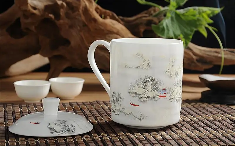 550ML Chinoiserie River and Mountain Painting, Real Bone China Tea Cup, Vintage Mug Tumbler, Ceramic Classic Bottle. with Cover