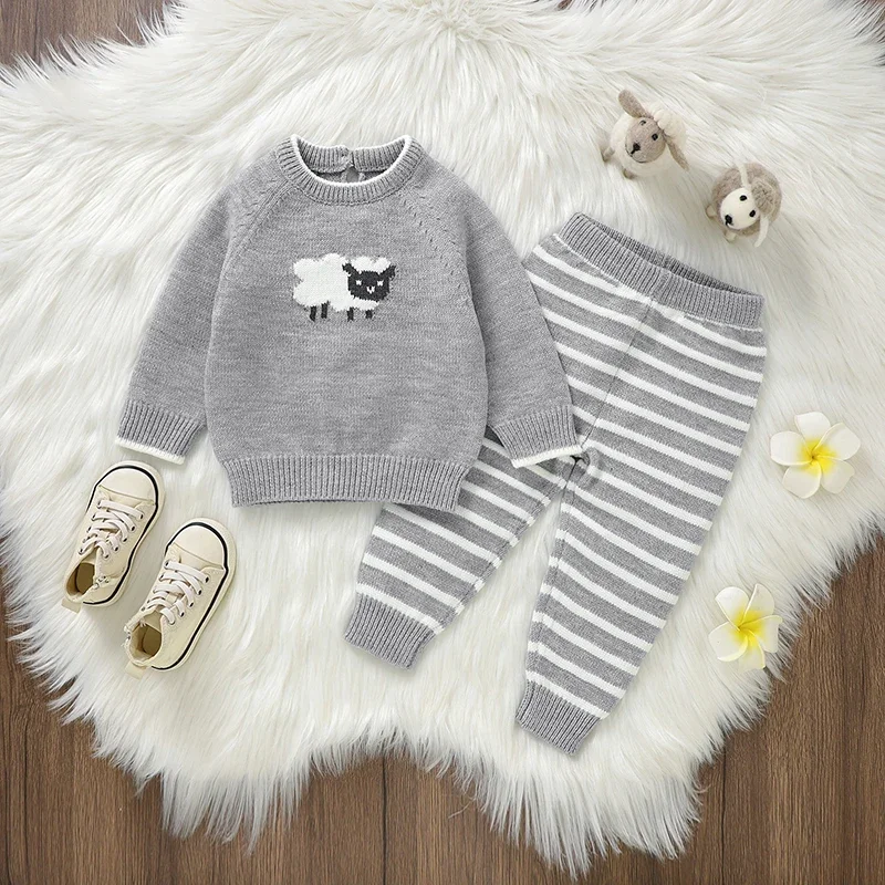 Baby Clothes Set Knit Cartoon Sheep Warm Infant Sweater Trousers Leggings Fall Newborn Girls Boys Long Sleeve Pullover Pants 2PC