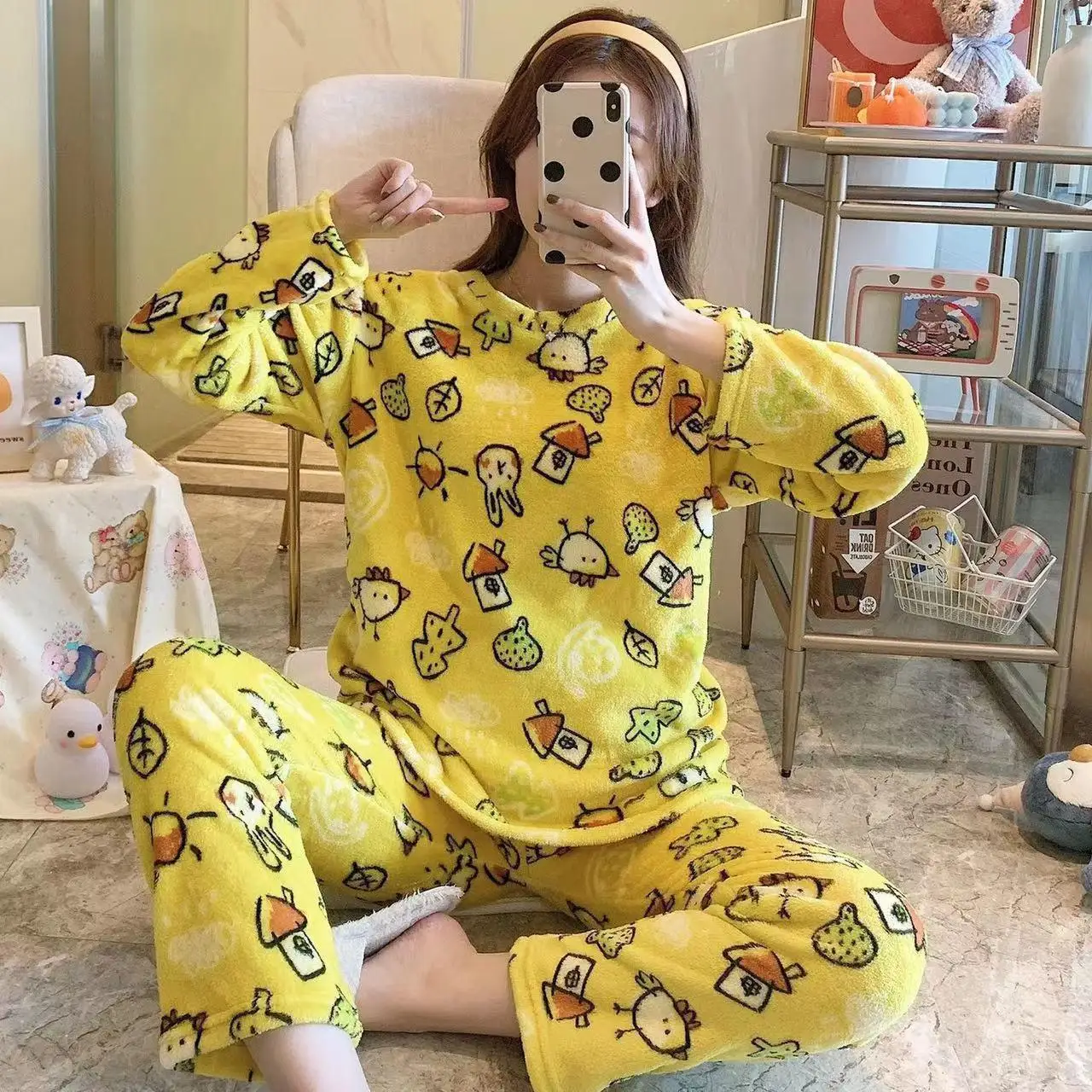 Autumn Winter NEW flannel Women Thermal Thickened Pajamas Set Loose Cute Cartoon Print Home Suit Two-piece set For Women Pajamas