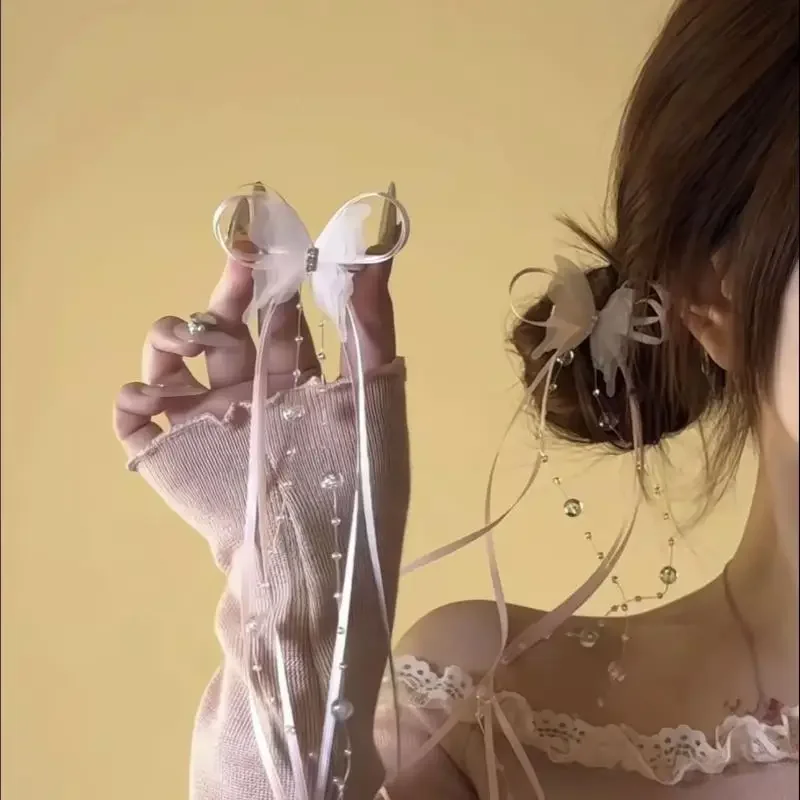 2개입 아기 여자아이 나비 태슬 헤어핀, 달콤한 롱 리본 진주 오리혀 공주풍 양면 헤어핀, 아동용 헤어 액세서리