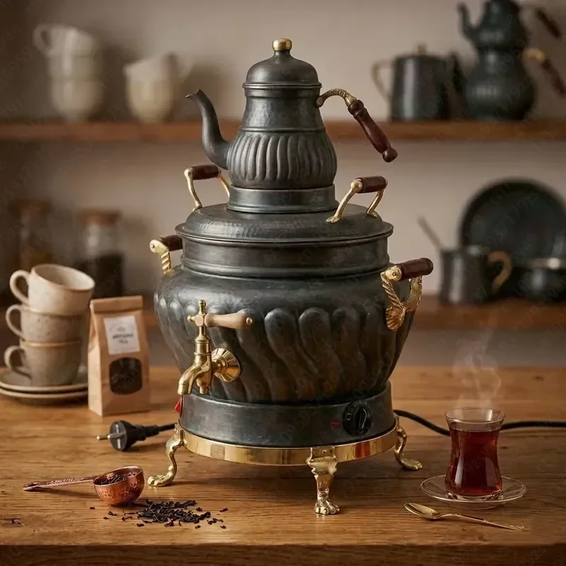 handmade copper electric teapot 22 liters with teapot, 2500 watt thermostat, vintage oxidized Turkish teapot