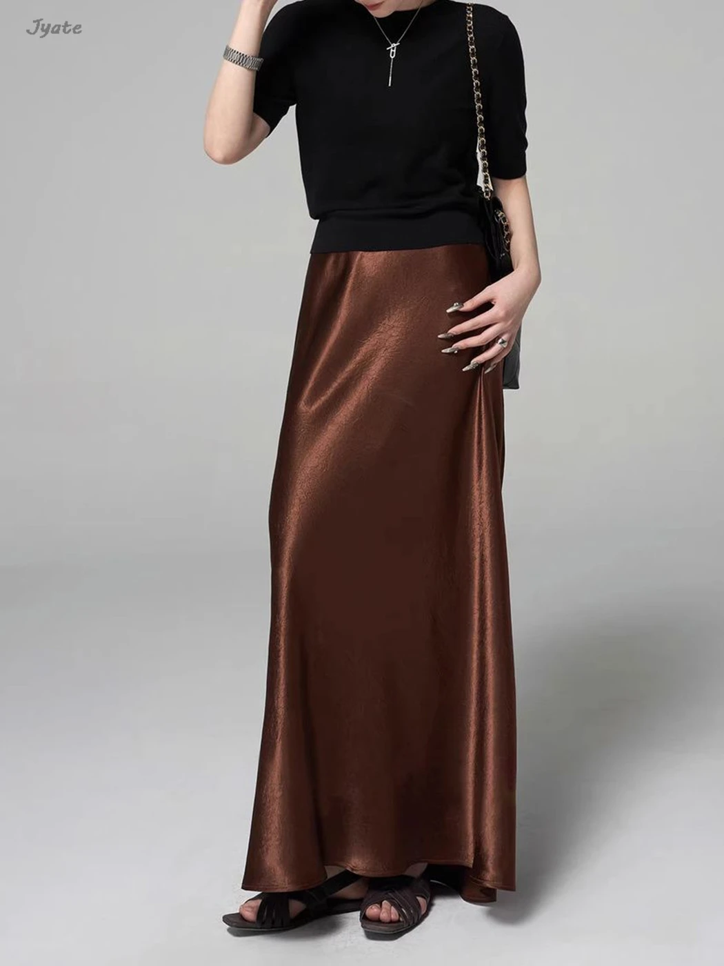 2024 New Vintage Satin High Waist Luxury Party Skirts Solid Color Elastic Waist Soft Casual Fashion Spring Summer Women Skirt