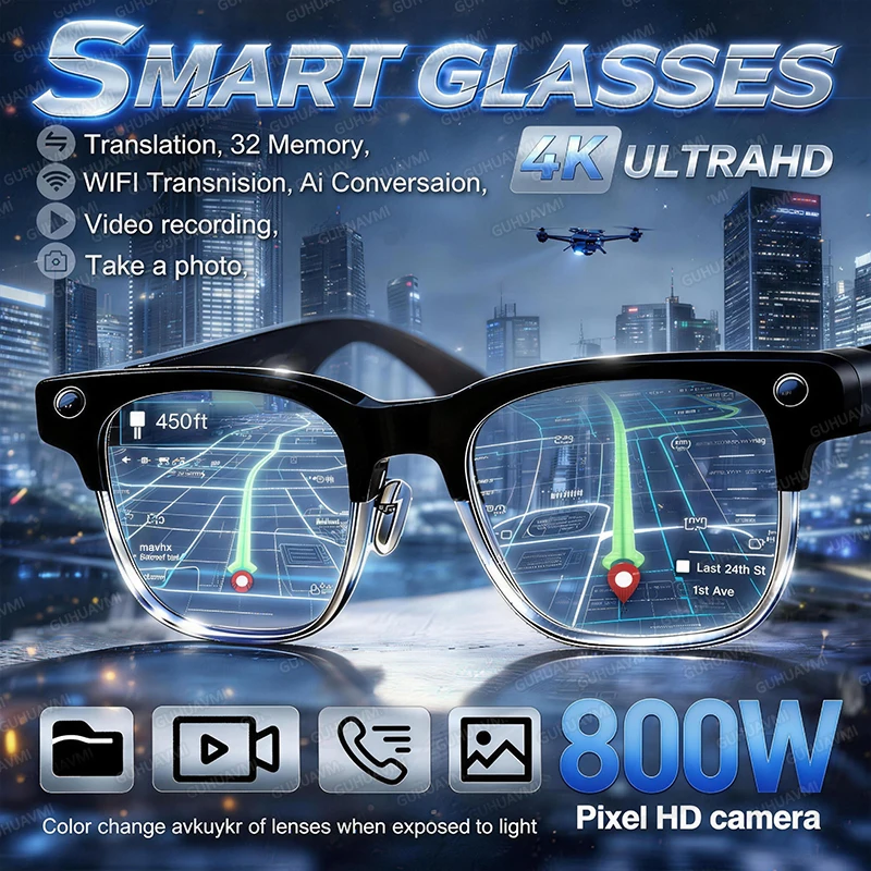 2026 New HD 800W Pixel Smart Glasses with Camera 1080P Video Recording WIFI ChatGPT Translation Music Call Earphones Sunglasses