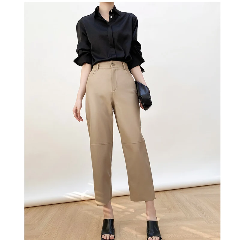 Imagem -02 - Calça de Couro Reta de Alta Elasticidade Feminina Roupa Fina Cintura Alta Combina com Tudo Moda Simples Pontos Início do Outono 2023