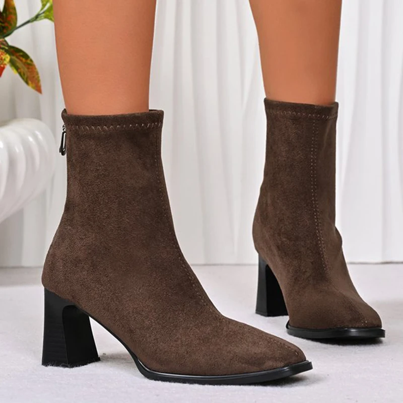 

Женские замшевые ботильоны на толстом каблуке, современные женские ботинки на высоком каблуке 7 см в британском стиле, женские ботильоны на молнии с квадратным носком