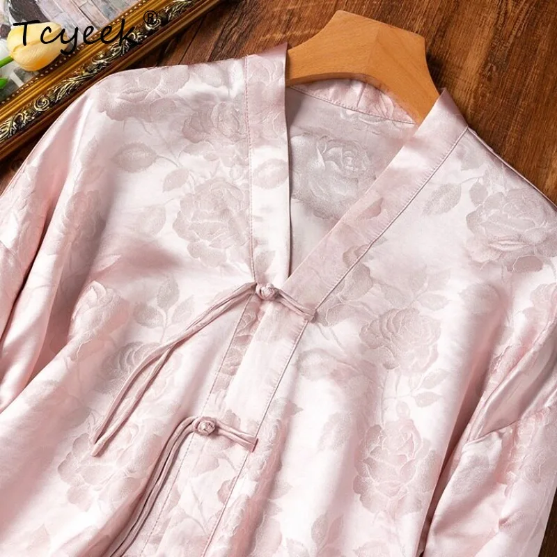Tcyeek 100% Real Mulberry Silk Woman Tops 32MM Silk Female Clothing 2026 Spring Pink Exquisite Irregular Hemmed Shirt Ropa Mujer
