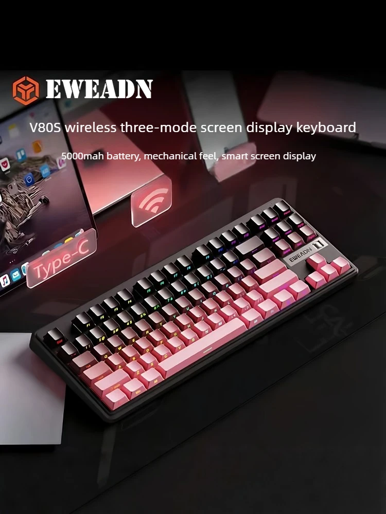 EWEADN V80S Wireless Bluetooth Keyboard 5000Mah Tri Mode Mechanical Gaming Keyboard RGB Backlit Waterproof Ergonomic for Gamer