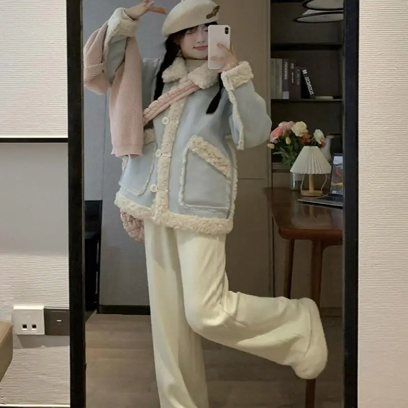 Veste rembourrée pour femmes, vêtements quotidiens d'extérieur, manteau en laine d'agneau bleu pour femmes, automne hiver 2025, nouveau Style coréen, doublure en fourrure de coton polaire