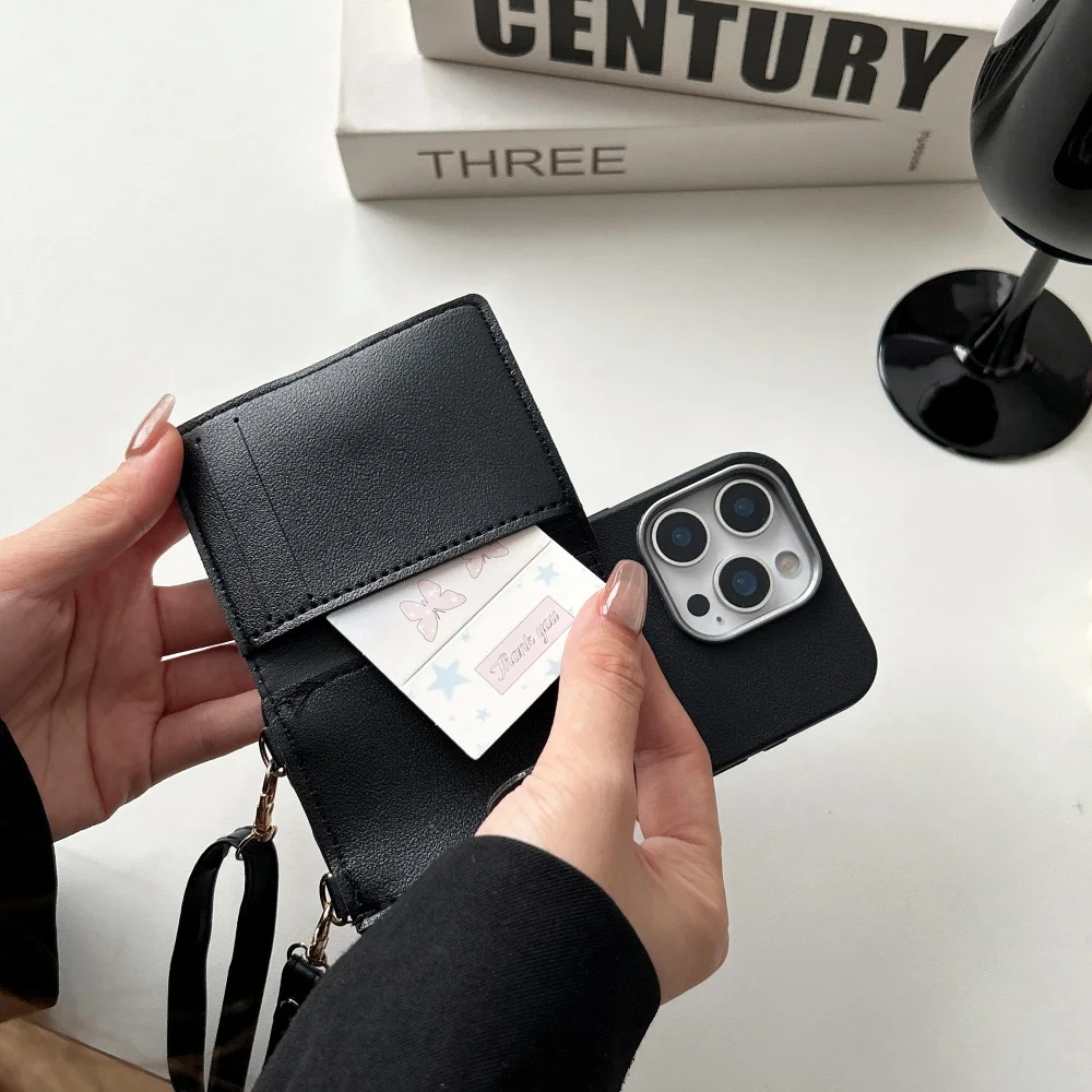 Crossbody Lanyard Card Slot Bag Bracket Leather Soft Phone Case For iPhone 16 15 14 13 12 11 Pro Max Plus Rope Neck Strap Cover