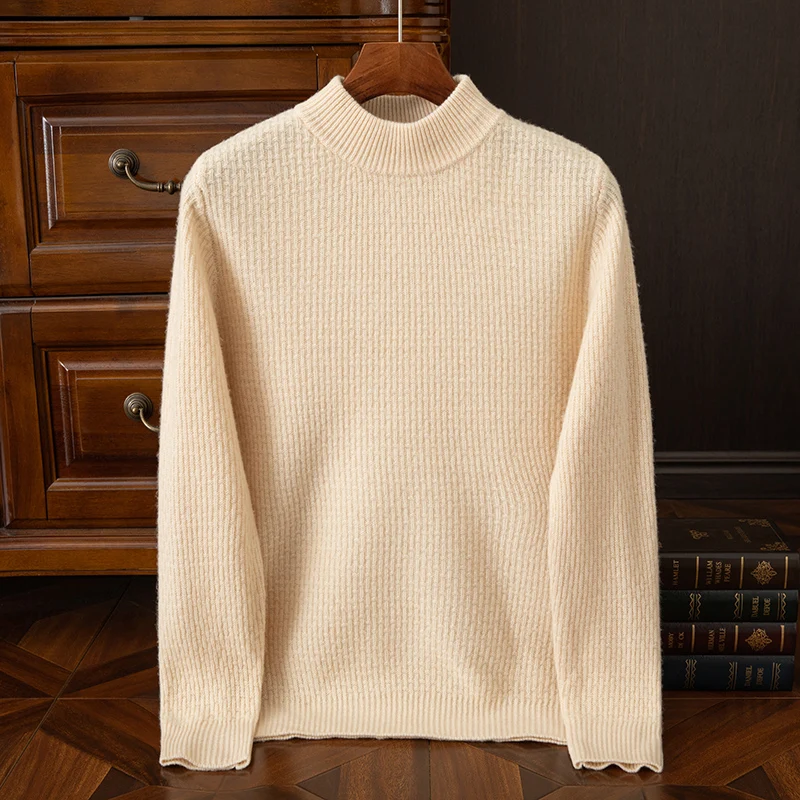 Men's 100% Merino Wool Sweater, Winter Thick Semi High Neck, Autumn And Winter Solid Color Knitted Sweater Warm Cashmere Sweater