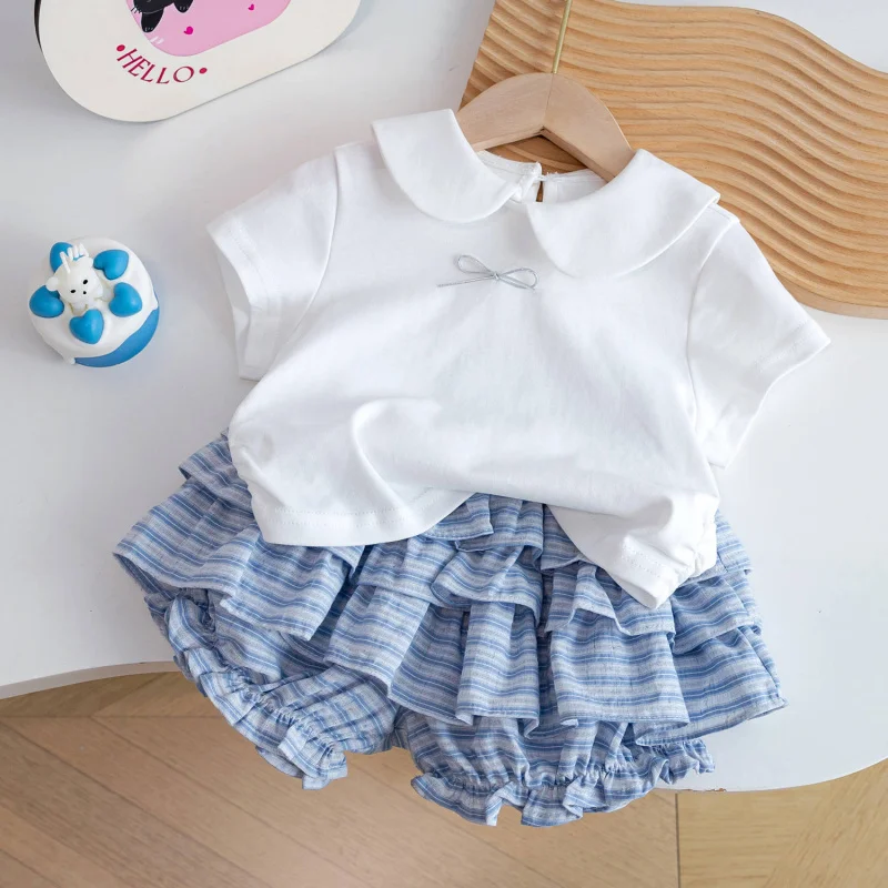 

Korean Style Baby Girl Summer Sweet College Style Versatile2025NewPOLOShirt Short Sleeve+Floral Shorts Set