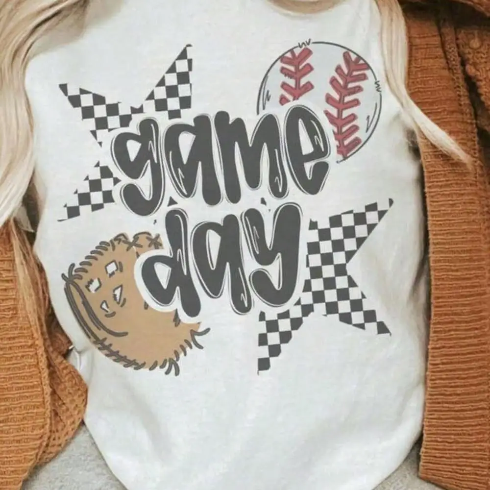 100% Cotton Baseball Game Day Mom T-Shirt Game Day T-Shirt Baseball Graphic Tee Checkered Star Sports Shirt Cute Game Day Outfit For Women