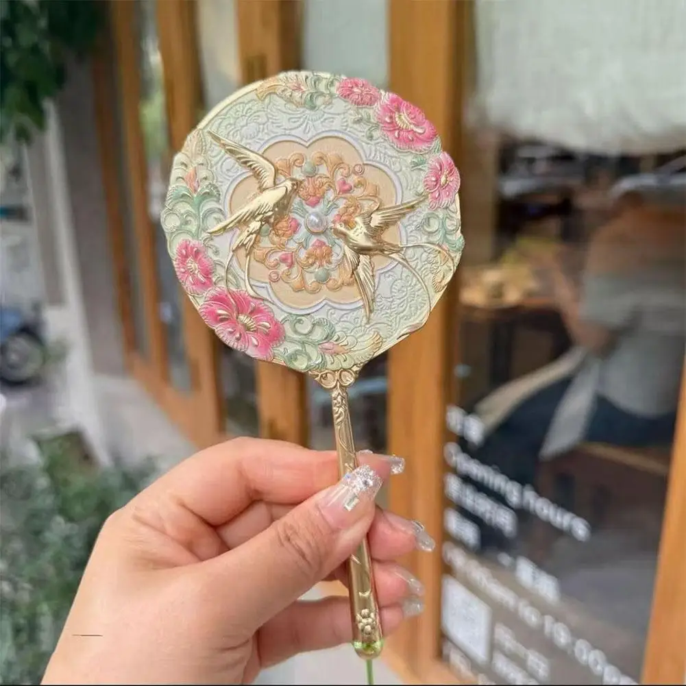 Vintage-Spiegel im chinesischen Stil mit Griff, Pfingstrosen-Motiv, zarter Blumen-Minispiegel, Kosmetikspiegel, Taschen-Make-up-Spiegel