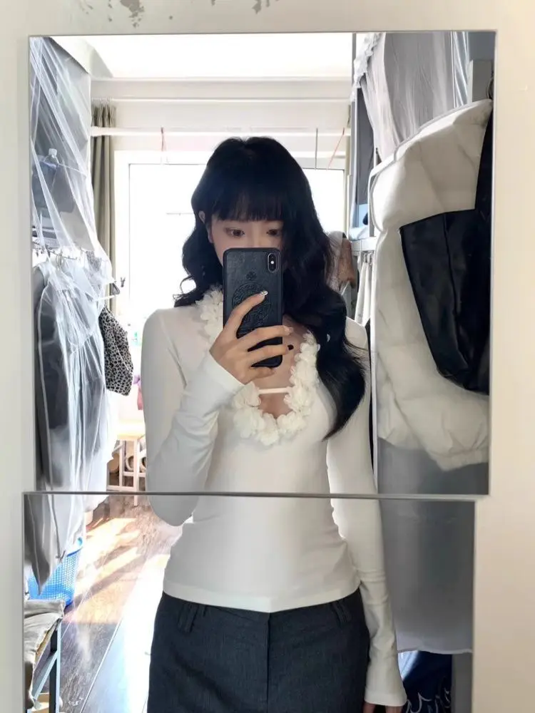 

Unique Lace Trim Long Sve T-irt Women's Spring Autumn Slimming V-Ne Ele Sexy Sweet Small Top Girl's Faion