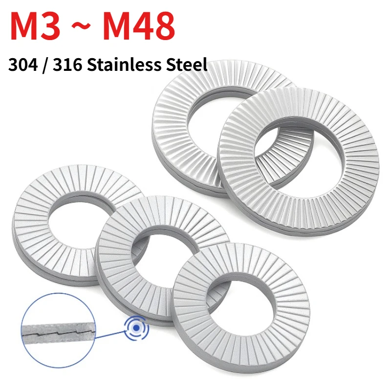 M3 M4 M5 M6 M8 M10 M12‑M48 304 / 316 Stainless Steel Double-Fold Self-Locking Washer Anti-Vibration Lock Washer