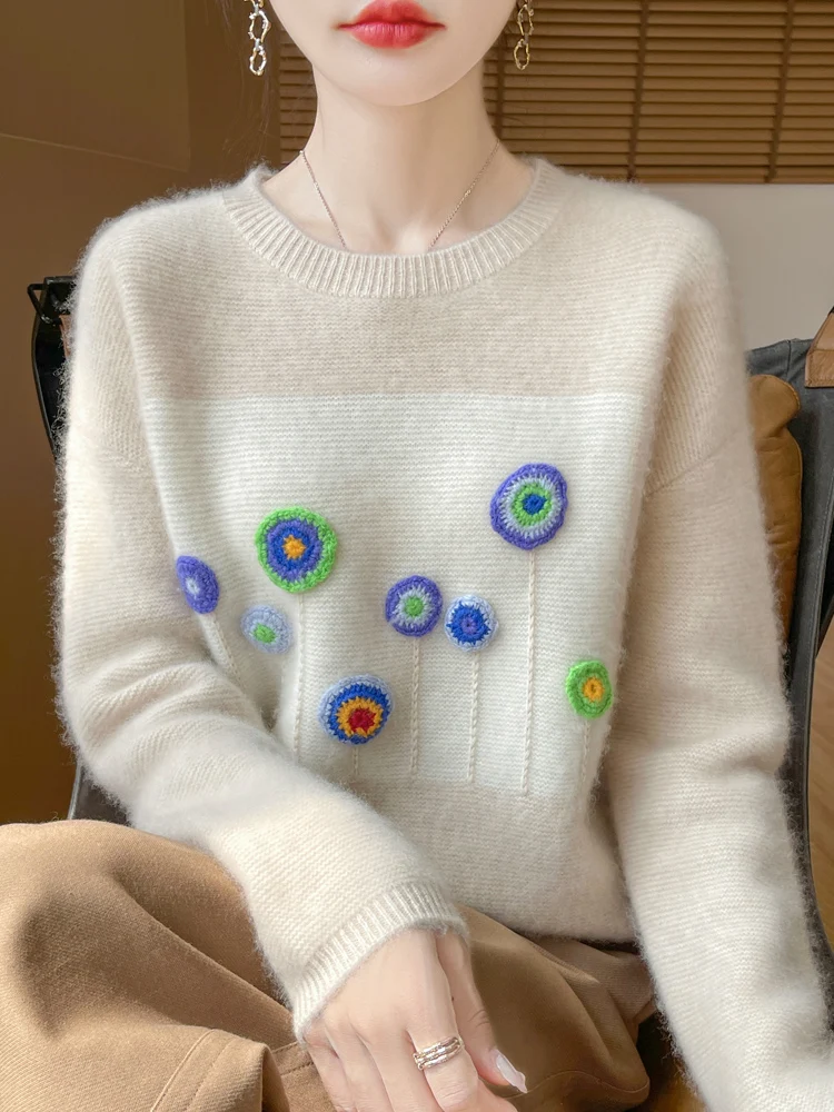 Autumn and Winter New 100% Woolen Sweater Women's Round Neck Knitted Small Flower Embroidered Hook Flower Top