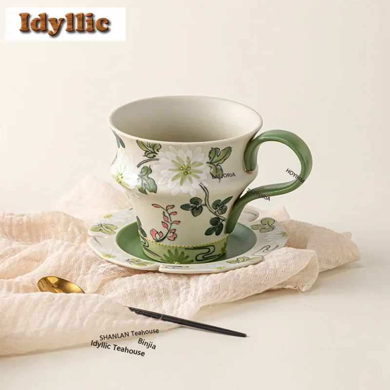 HOYIHM 275ml Hand Painted Spring's Letter Coffee Mug With Plate Hot Chocolate Cup Afternoon Tea Mug Cup Saucer Kit Drinkware Tea