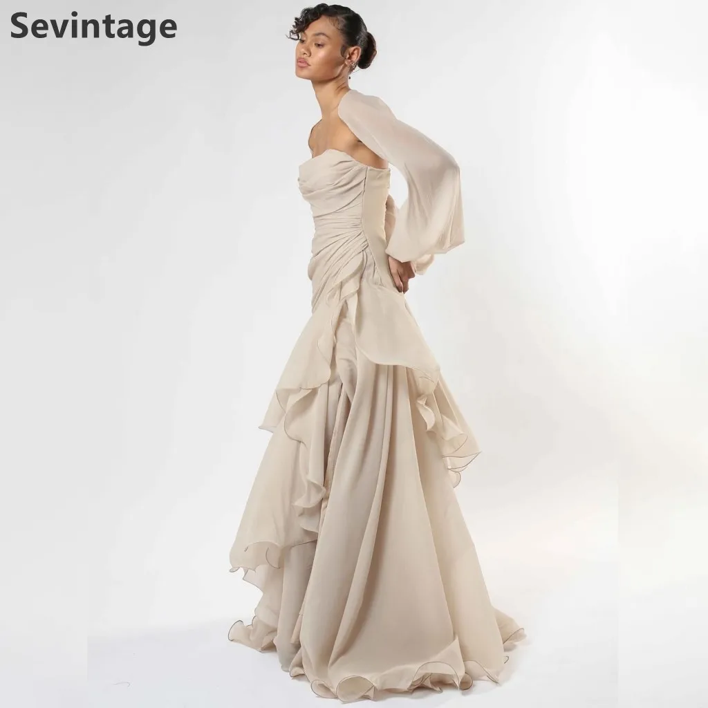 Sevintage 2025 champán una línea de gasa Maxi vestido de noche con chaqueta Arabia Saudita vestido de fiesta Dubai vestido de fiesta personalizado