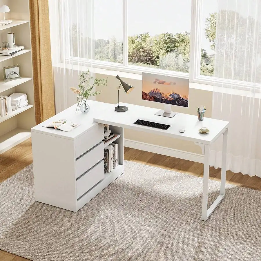 

L-Shaped Computer Desk With Drawers And Shelves, Reversible White Corner Office Desk With Storage Cabinet, Modern Study Writing
