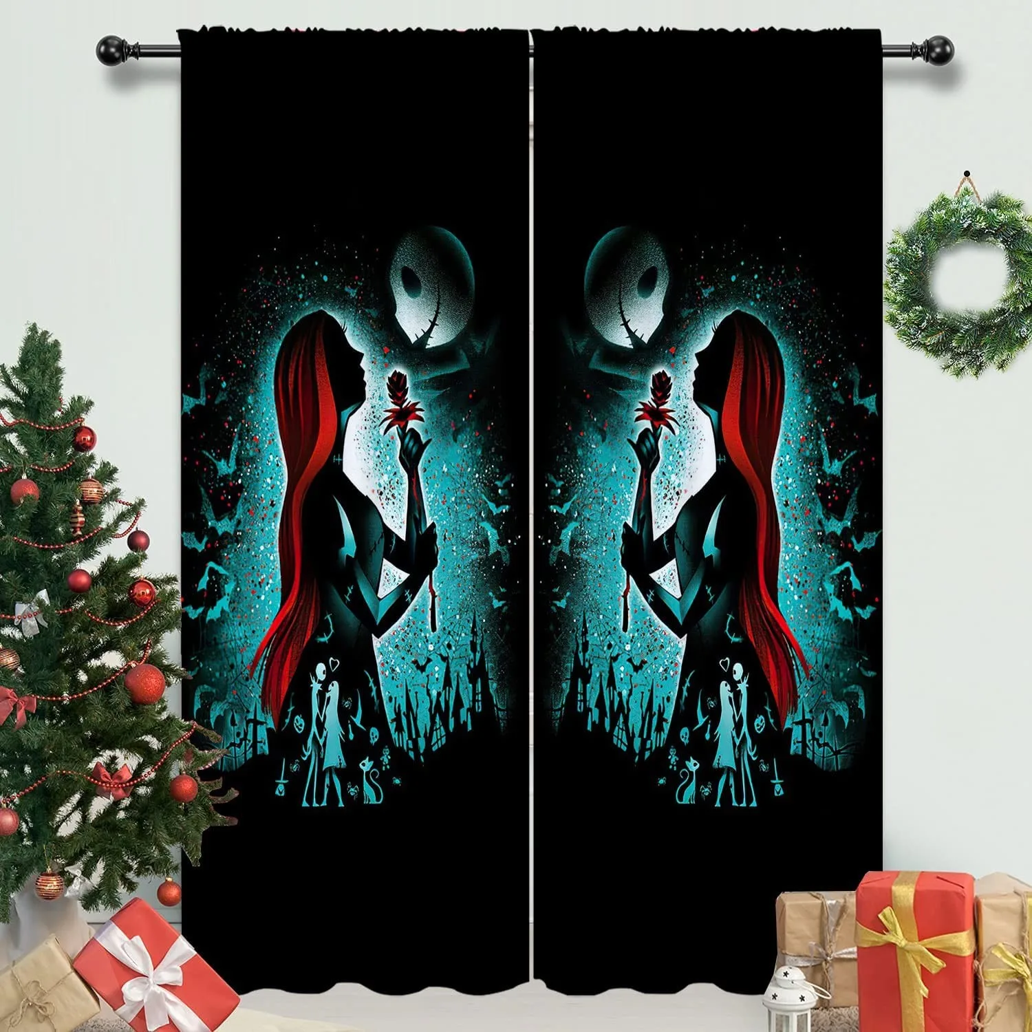 3D Cheap Nightmare Before Christmas Zombie Bride Jack 2 Pieces Thin Shading Window Curtain for Living Room Bedroom Decor Hook