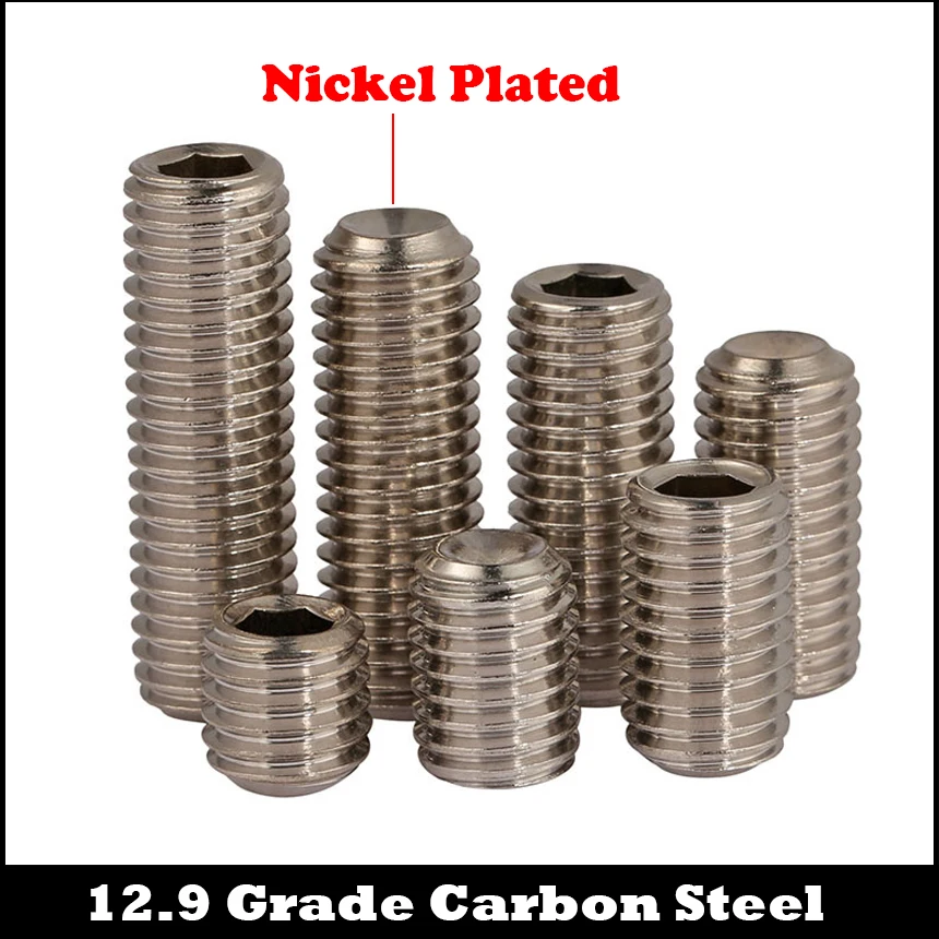 

M2.5 M3 M4 M5 M6 M8 M10 12.9 Grade Nickel Plated Steel Allen Head Hex Hexagon Socket Jack Set Screw With Cup Point