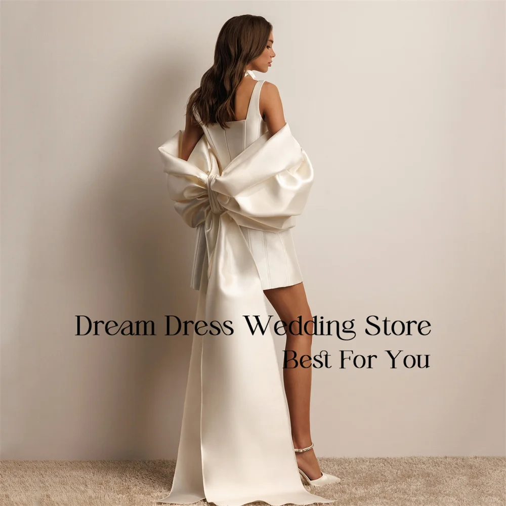 DREAM Satin Off The Shoulder Wedding Dress Square Collar Spaghetti Straps Open Back Bow Bridal Gown Vestido De Novia Customized