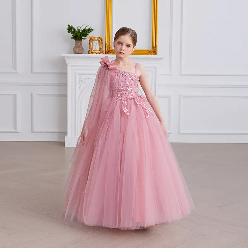 Children Girls Sleeveless Tulle Dress Birthday Lace Princess Frocks Solid Color Luxury High End Wedding Bridesmaid Party Dresses