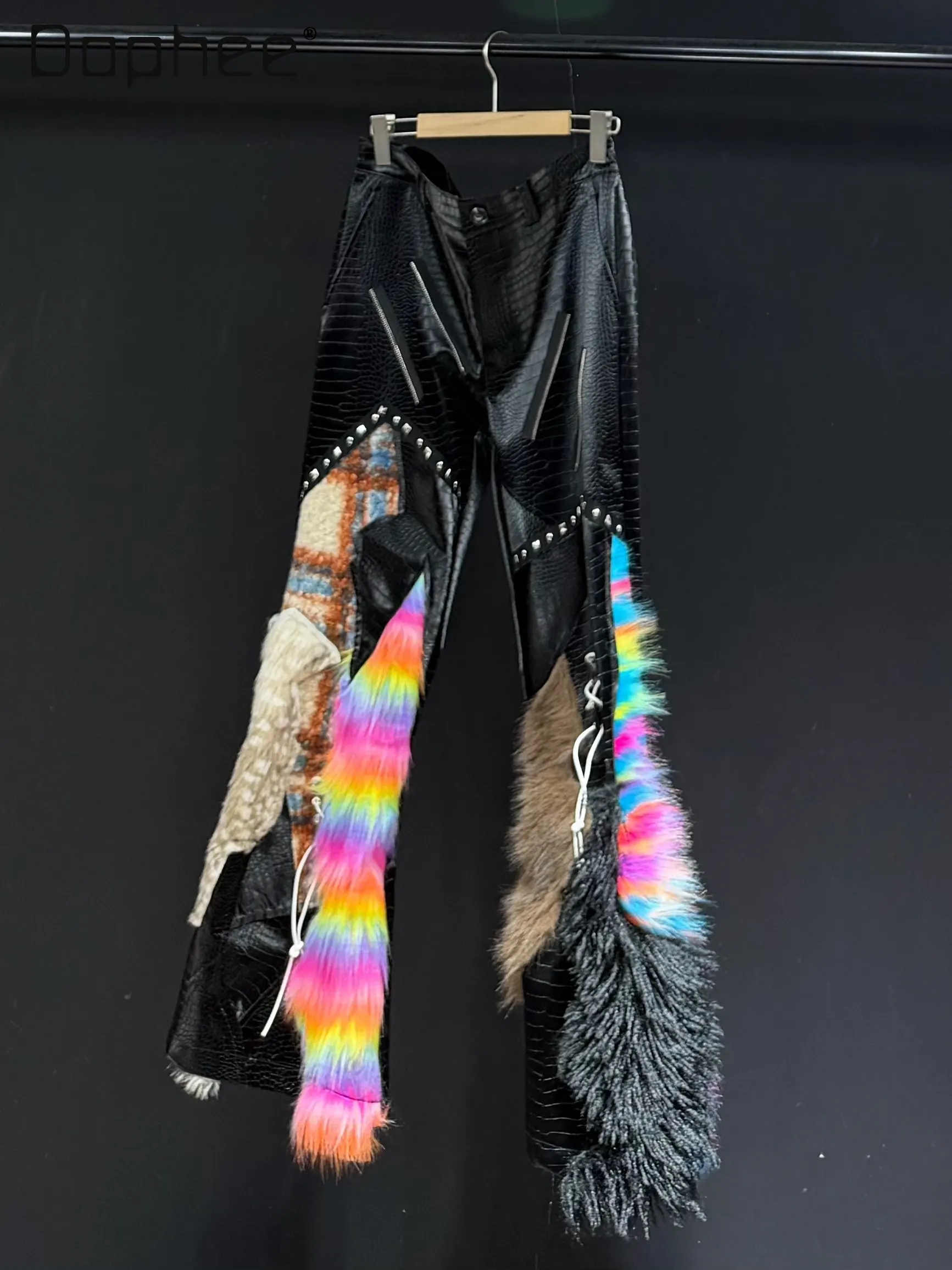 

High Street Black PU Leather Spliced Colorful Plush Loose Trousers Unisex Street Fashion Personality High-waisted Wide-leg Pants