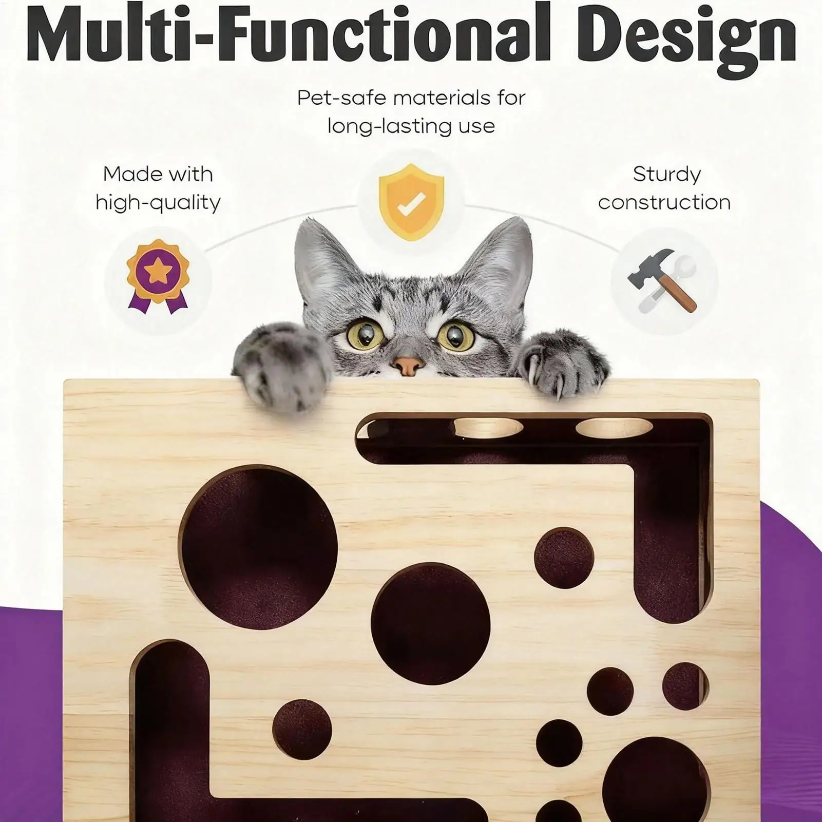

Interactive Cat Enrichment Puzzle Box Wooden Dispenser for Mealtime Fun & Boredom, Stimulates Natural Foraging Instincts