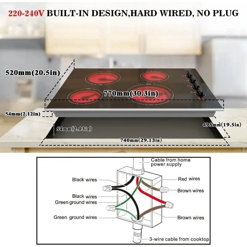 Karinear 30 Inch Electric Cooktop 4 Burners, Knob Control Built-in Ceramic Cooktop, 30" Radiant Electric Stove Top