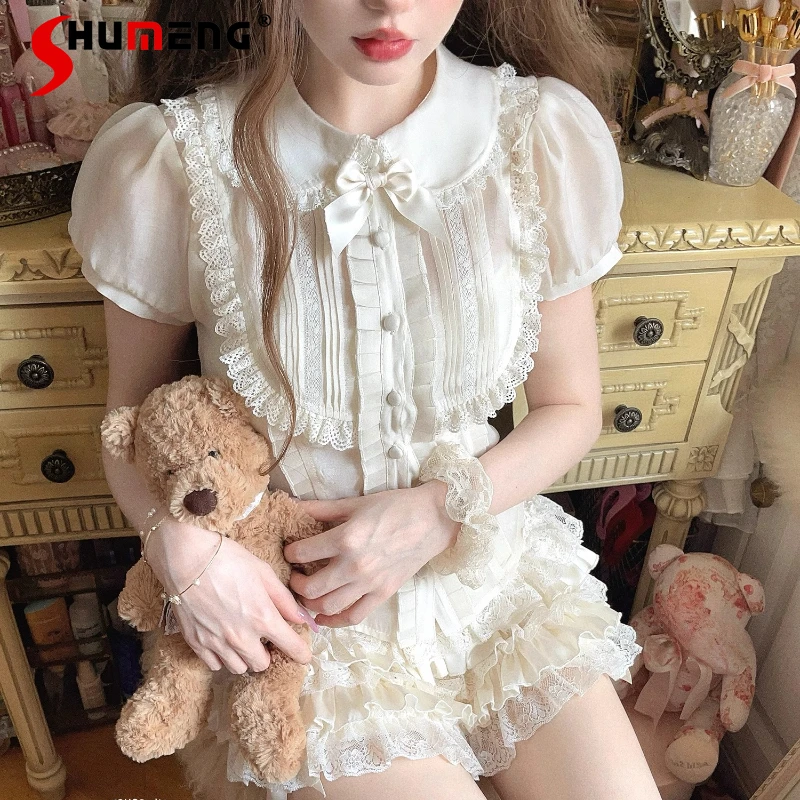 

Женская милая блузка Kawaii Y2k, рубашка в стиле ретро для куклы во французском стиле, однобортная облегающая рубашка с короткими рукавами и кукольным воротником Blusas De Mujer