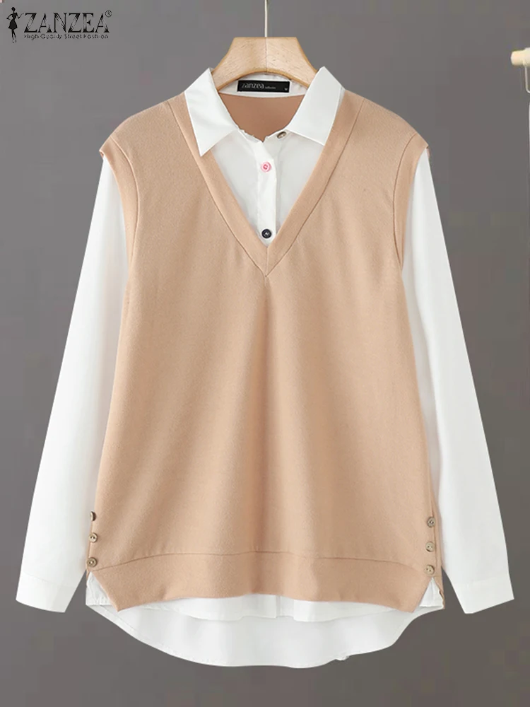 

ZANZEA Women Fake Two Piece Shirts 2025 Spring Blouses Casual Coloblock Lapel Collar Tops Elegant Long Sleeve Commuting Tunics