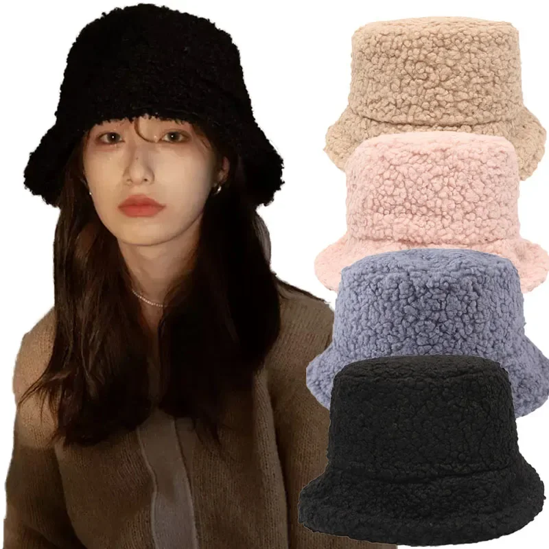 Wool Faux Fur Bucket Hats Winter Warm Fisherman Caps Women Girls Thicken Plush Hats Unisex Outdoor Camping Fishing Caps Men Hats