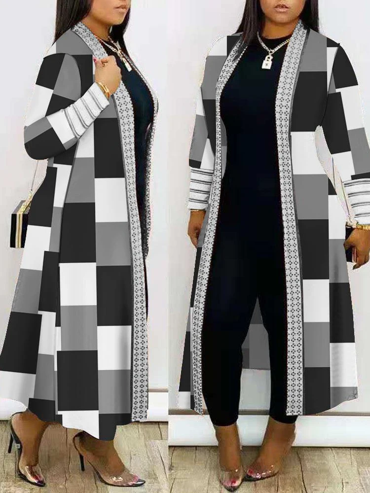 Plus Size Geometric Print Open Front Longline Coat, Check Printing Design, Casual, Long Coat , New Autumn Winter 2023