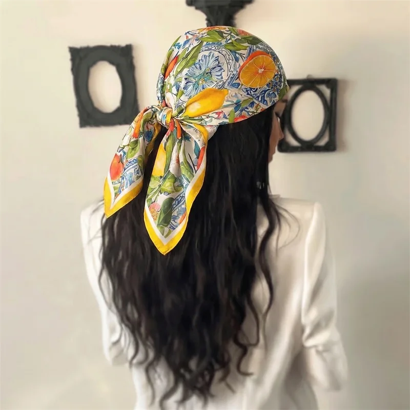2026 Fruit Print Square Scarf For Women Silk Shawl Neckerchief Female Hair Bands Head Wraps Headband Foulard Satin Hijab Bandana