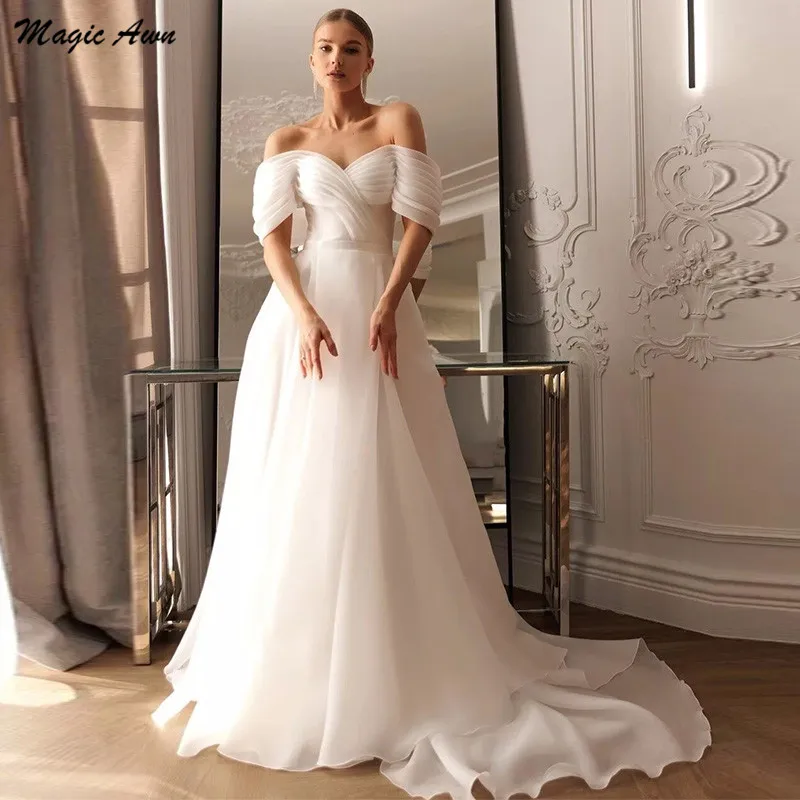 

Magic Awn Off The Shoulder Wedding Dresses For Women 2024 Organza Simple Lace-Up Back Bridal Gowns A-Line Vintage Robes Mariage