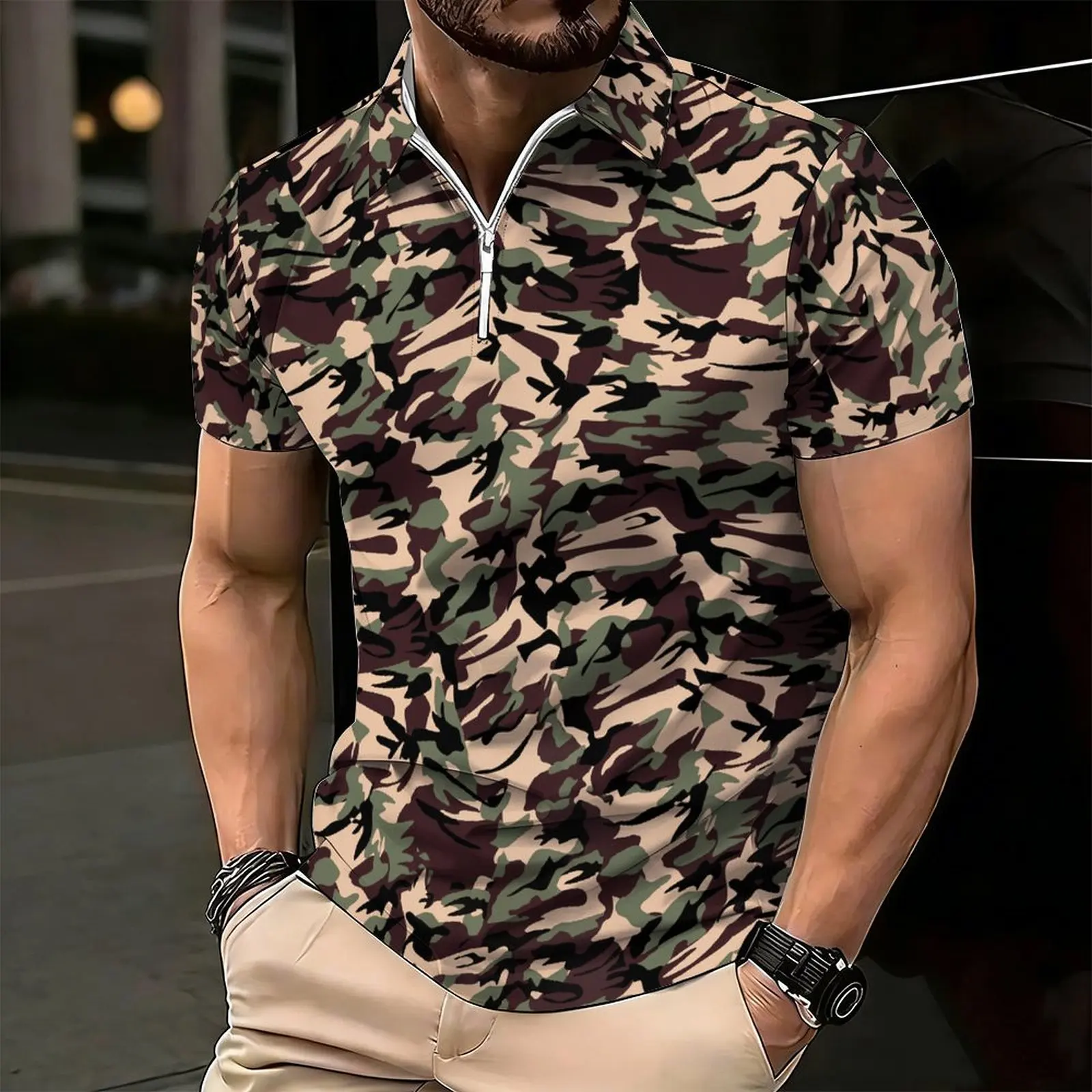 Men Print Half Zip Polo Shirt Short Sleeve Lapel Collar Casual Summer Mens Daily Tops