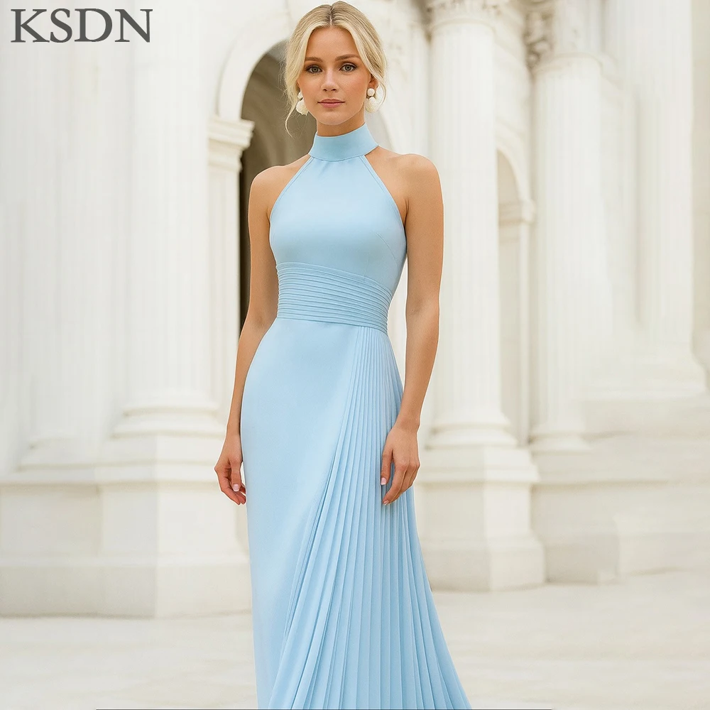 KSDN Eenvoudige Aangepaste Avondjurken Hoge Hals Mouwloos Vloerlengte Jurken Elegante Vrouwen Gedrapeerde Prom Dress Vestidos