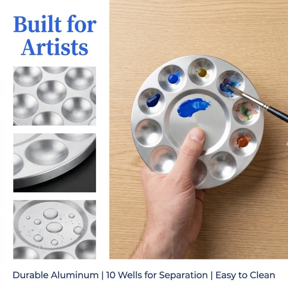 Aluminium Material Watercolor Paint Palette Round Shape 10 Compartments Oil Paint Palette Washable Metal Construction