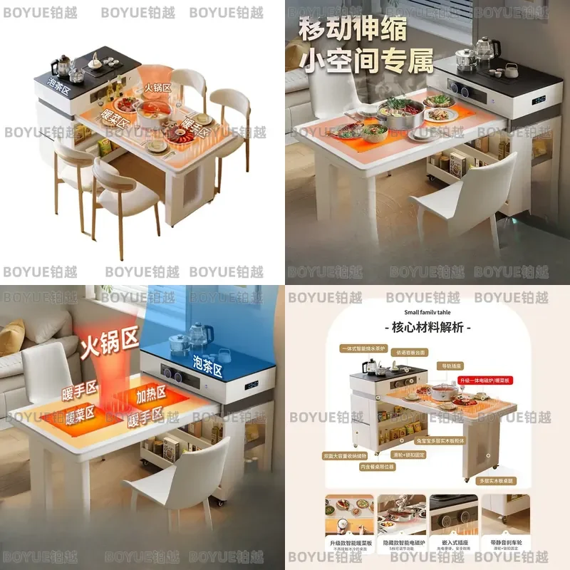 Compact Movable Island Dining Table with Retractable Top and Built in Smart Induction Cooker for Small Space Kitchen Home Use