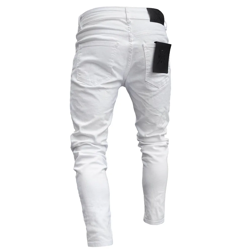 Jeans ricamati bianchi Jeans Skinny strappati elasticizzati in cotone da uomo pantaloni in Denim Oversize Slim Fit con foro nero Hip Hop di alta qualità